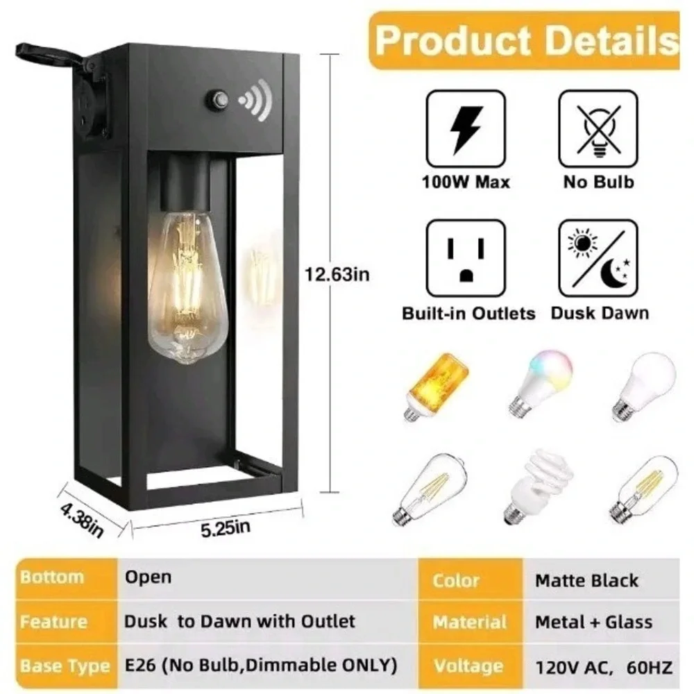 OYKYOHEI Clear Glass Metal Body Modern 120V Wall Lamps Black W/outlet Dusk2dawn